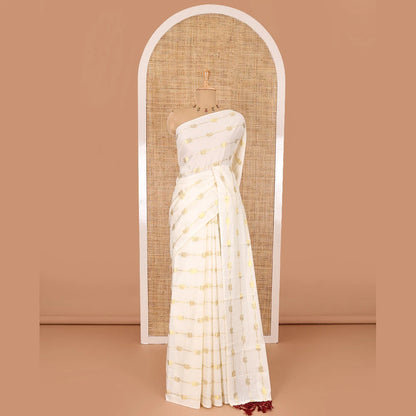 Pothys Borderless cream-maroon peacock and horizontal zari striped Kerala cotton saree, self-pallu with tassels, and a matching blouse