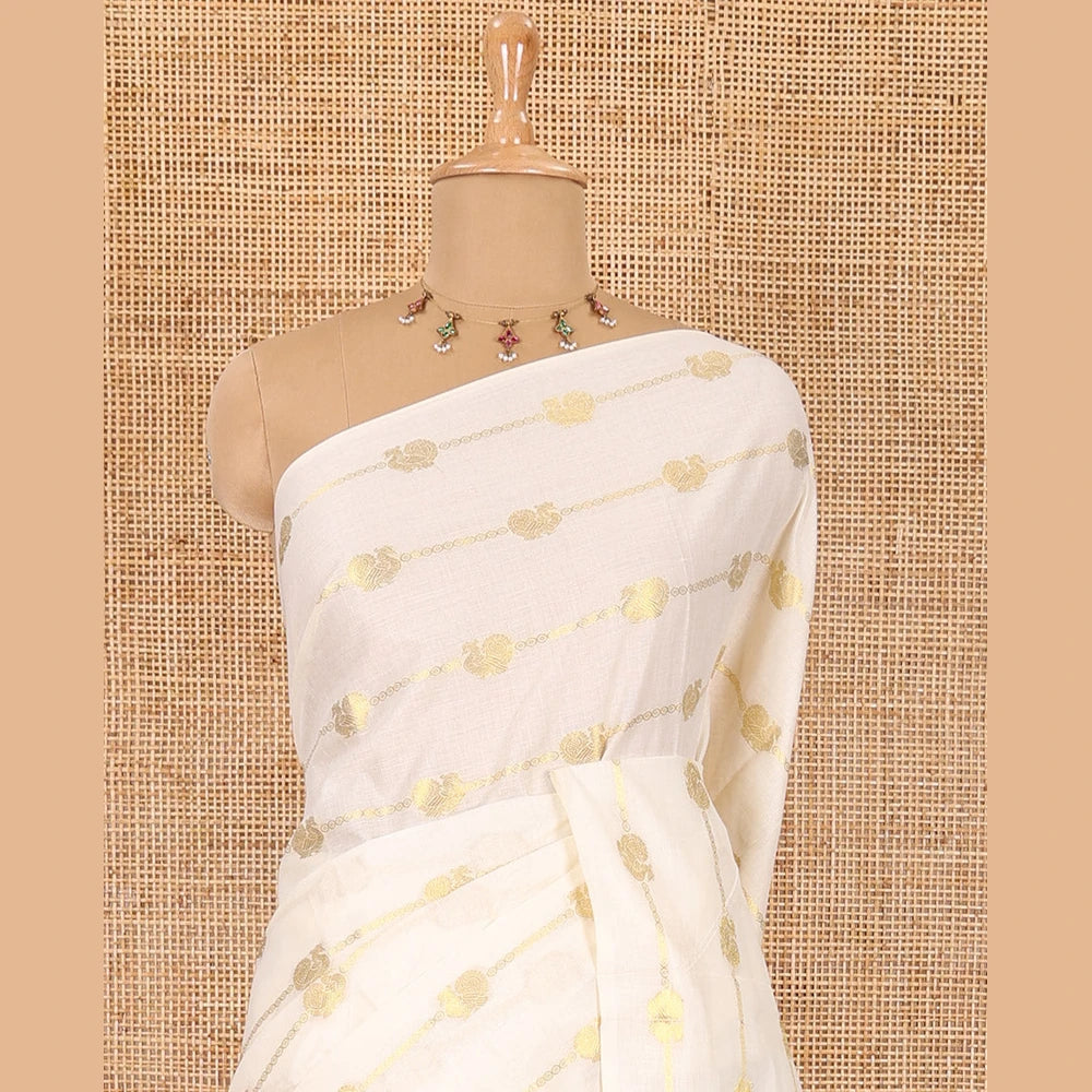 Pothys Borderless cream-maroon peacock and horizontal zari striped Kerala cotton saree, self-pallu with tassels, and a matching blouse
