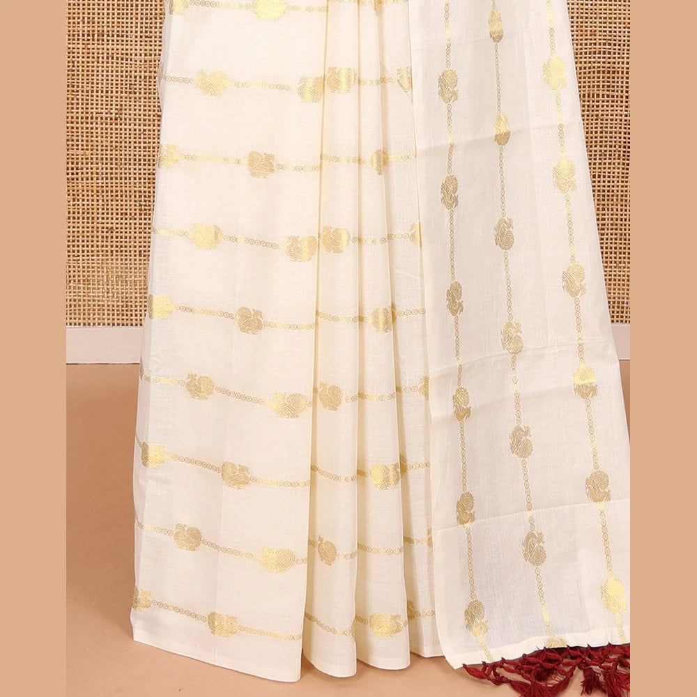 Pothys Borderless cream-maroon peacock and horizontal zari striped Kerala cotton saree, self-pallu with tassels, and a matching blouse