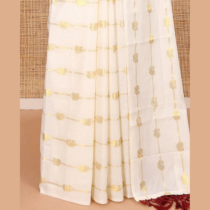 Pothys Borderless cream-maroon peacock and horizontal zari striped Kerala cotton saree, self-pallu with tassels, and a matching blouse