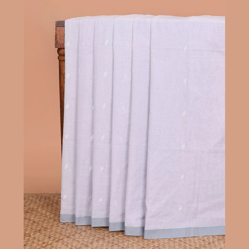 Pothys Grey thread buttas Khadi cotton saree, contrast plain border, and pallu of geometric buttas