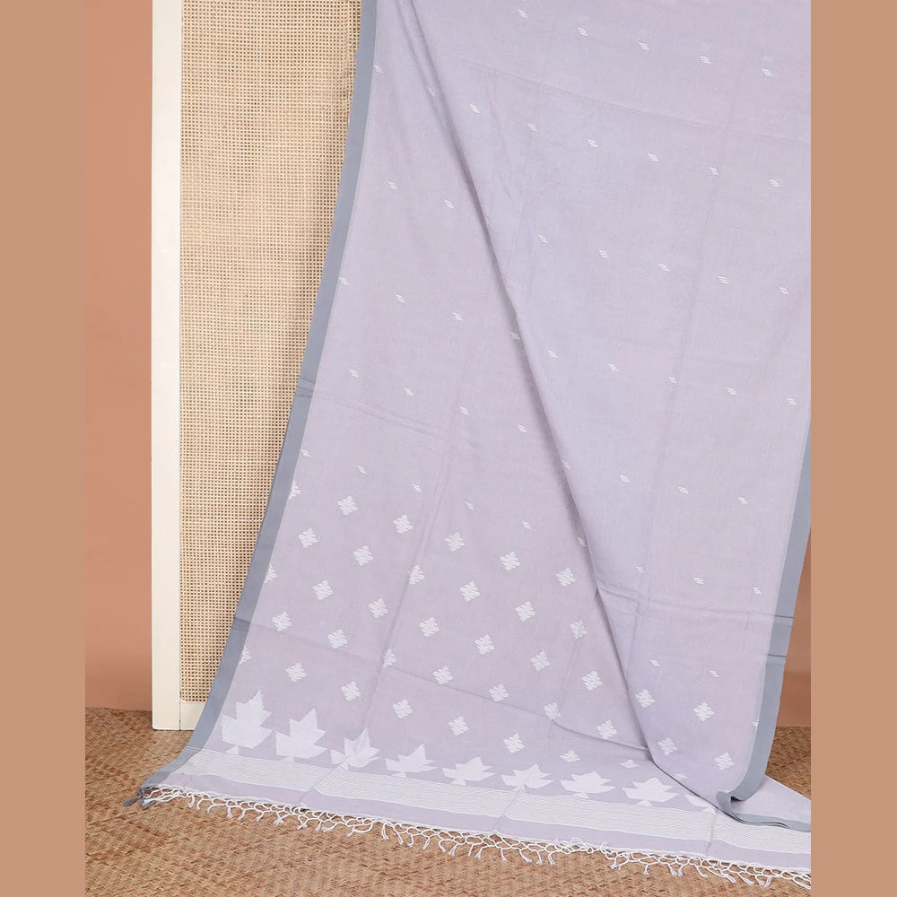Pothys Grey thread buttas Khadi cotton saree, contrast plain border, and pallu of geometric buttas