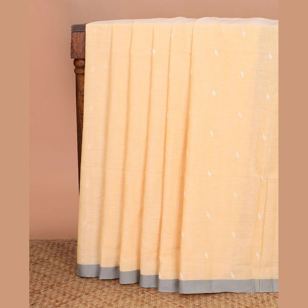 Pothys Yellow thread buttas Khadi cotton saree, contrast plain border, and pallu of geometric buttas