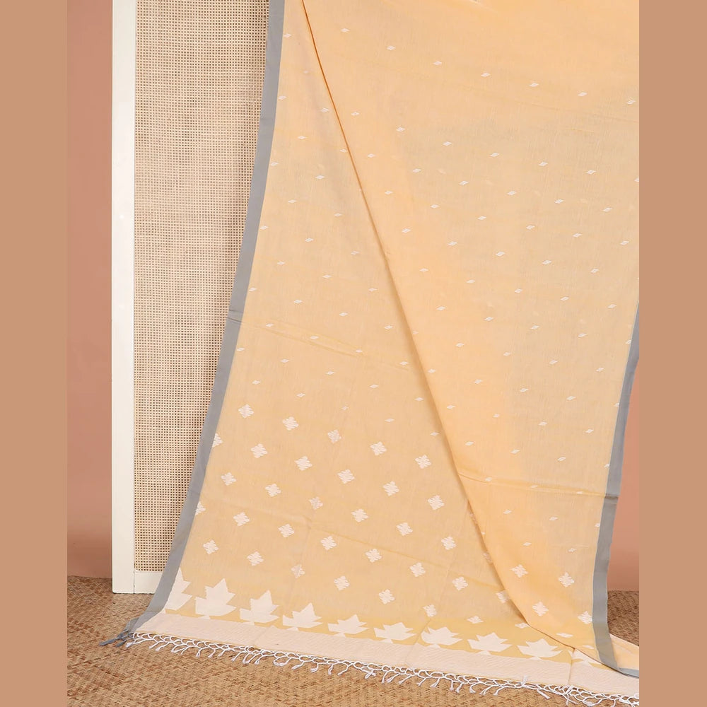 Pothys Yellow thread buttas Khadi cotton saree, contrast plain border, and pallu of geometric buttas