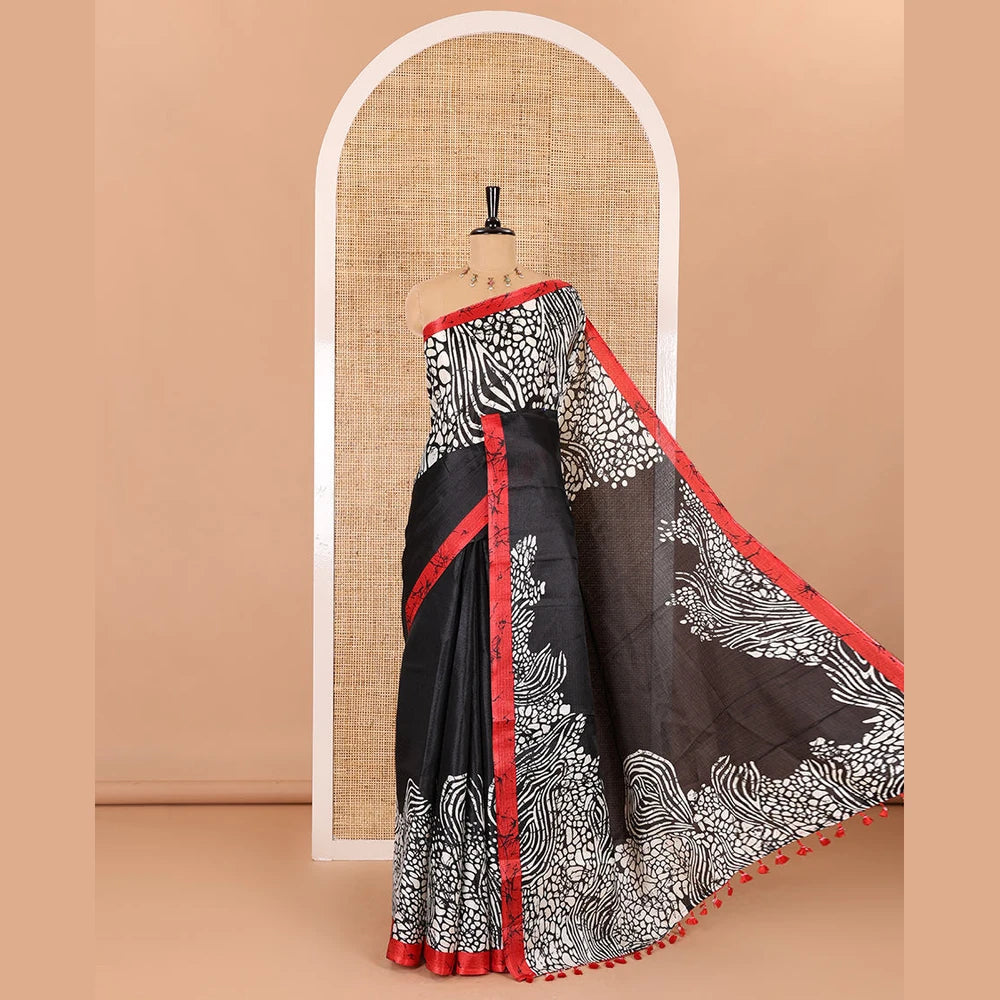 Pothys Black batik printed art Khadi cotton saree, batik printed border, batik printed pallu, and a contrast batik printed blouse