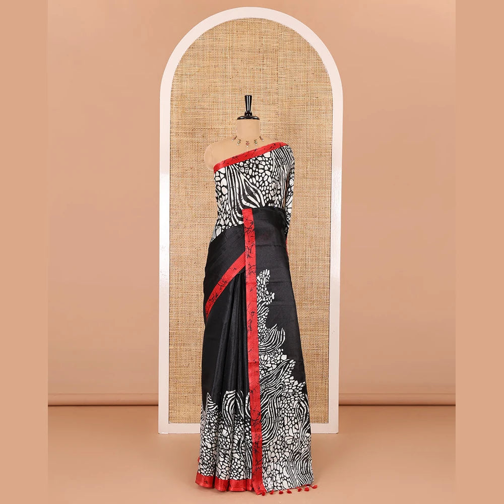 Pothys Black batik printed art Khadi cotton saree, batik printed border, batik printed pallu, and a contrast batik printed blouse