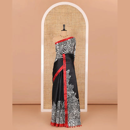 Pothys Black batik printed art Khadi cotton saree, batik printed border, batik printed pallu, and a contrast batik printed blouse