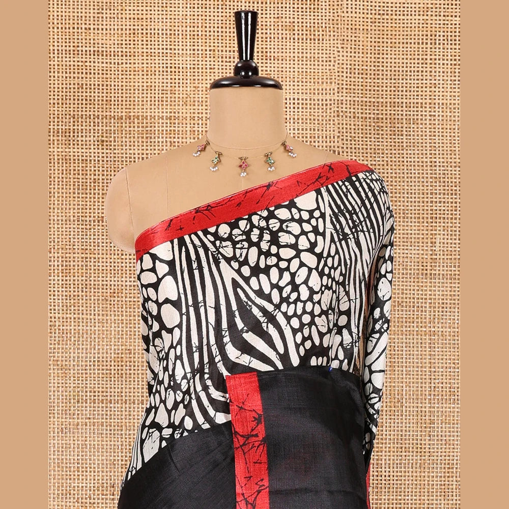 Pothys Black batik printed art Khadi cotton saree, batik printed border, batik printed pallu, and a contrast batik printed blouse