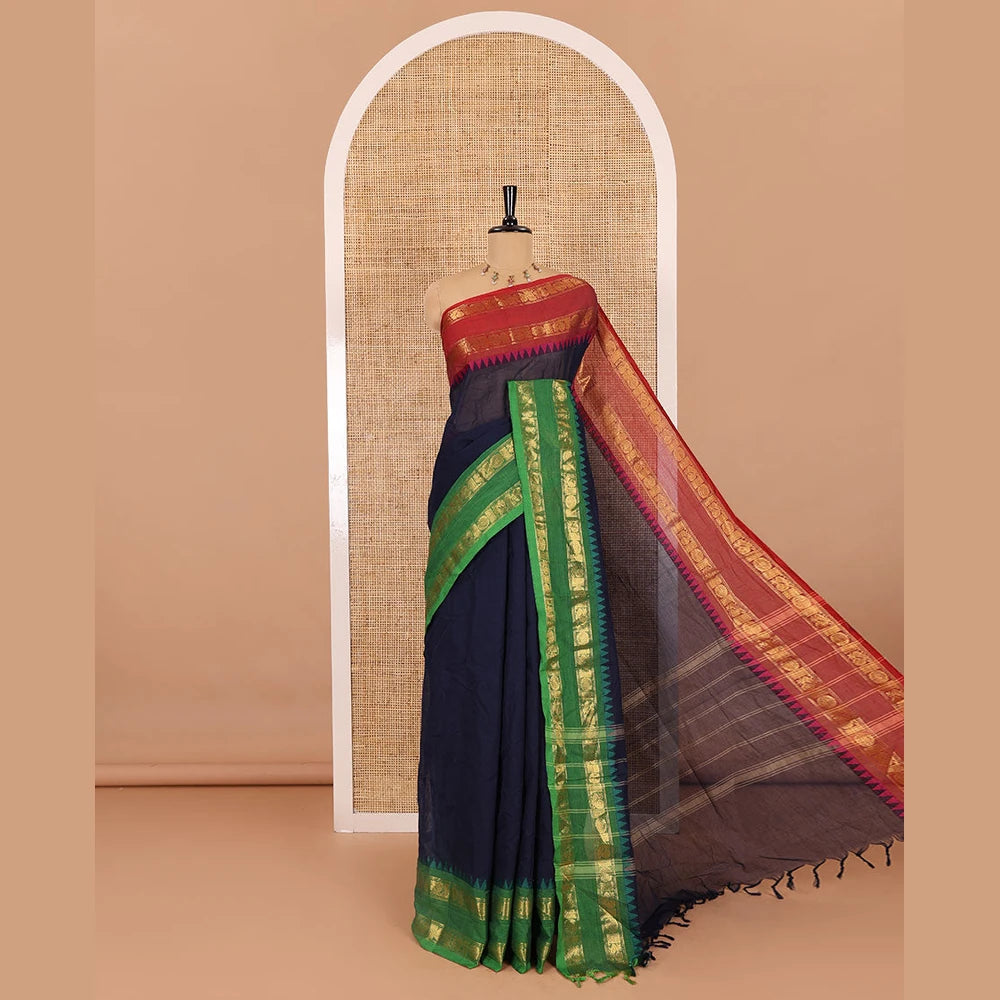 Pothys Navy Blue blue plain chettinad cotton saree , ganga jamuna rettai pettu border , lining pallu with tussels