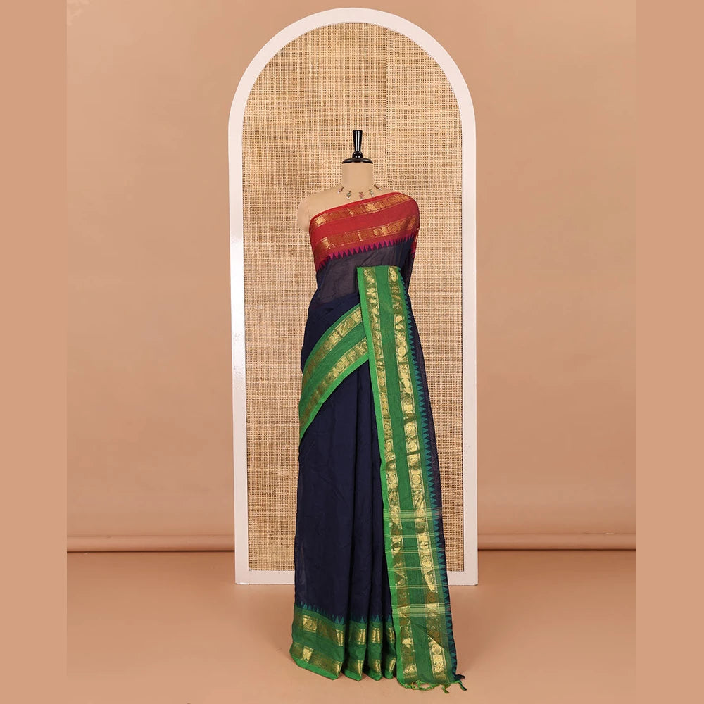 Pothys Navy Blue blue plain chettinad cotton saree , ganga jamuna rettai pettu border , lining pallu with tussels