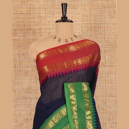 Pothys Navy Blue blue plain chettinad cotton saree , ganga jamuna rettai pettu border , lining pallu with tussels