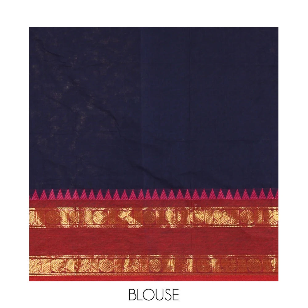 Pothys Navy Blue blue plain chettinad cotton saree , ganga jamuna rettai pettu border , lining pallu with tussels