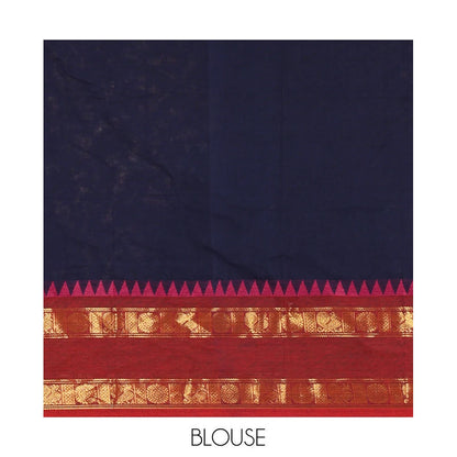 Pothys Navy Blue blue plain chettinad cotton saree , ganga jamuna rettai pettu border , lining pallu with tussels