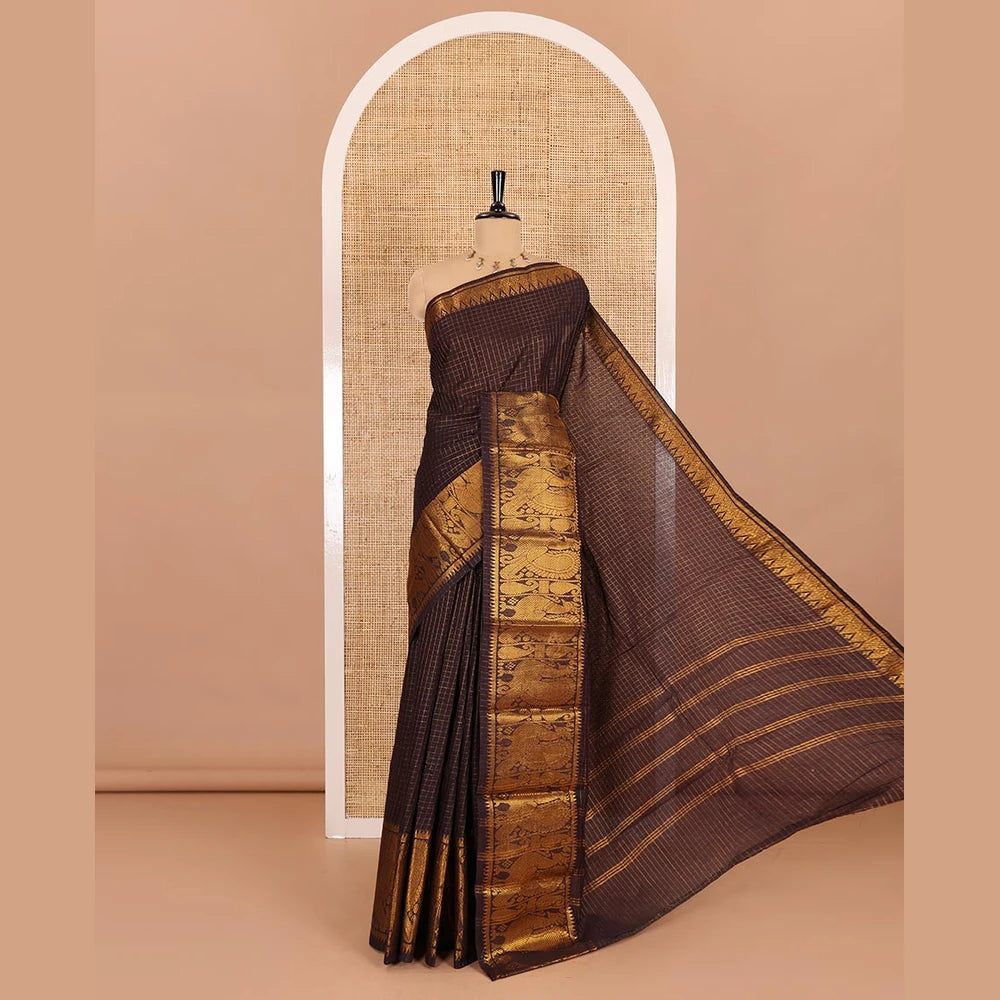 Pothys Brown zari checked sungudi cotton saree, temple traditional zari border, zari striped pallu, and a contrast veldhari design woven blouse