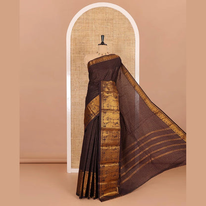 Pothys Brown zari checked sungudi cotton saree, temple traditional zari border, zari striped pallu, and a contrast veldhari design woven blouse