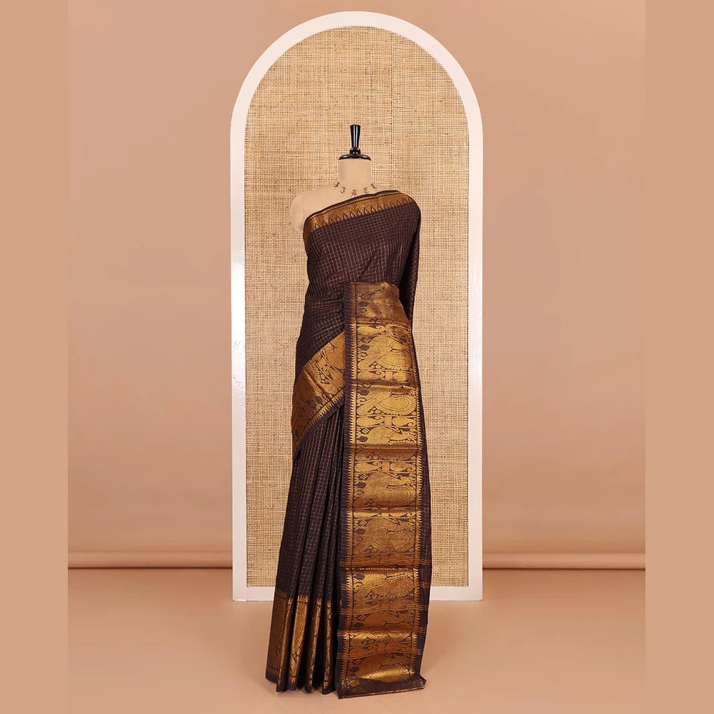 Pothys Brown zari checked sungudi cotton saree, temple traditional zari border, zari striped pallu, and a contrast veldhari design woven blouse