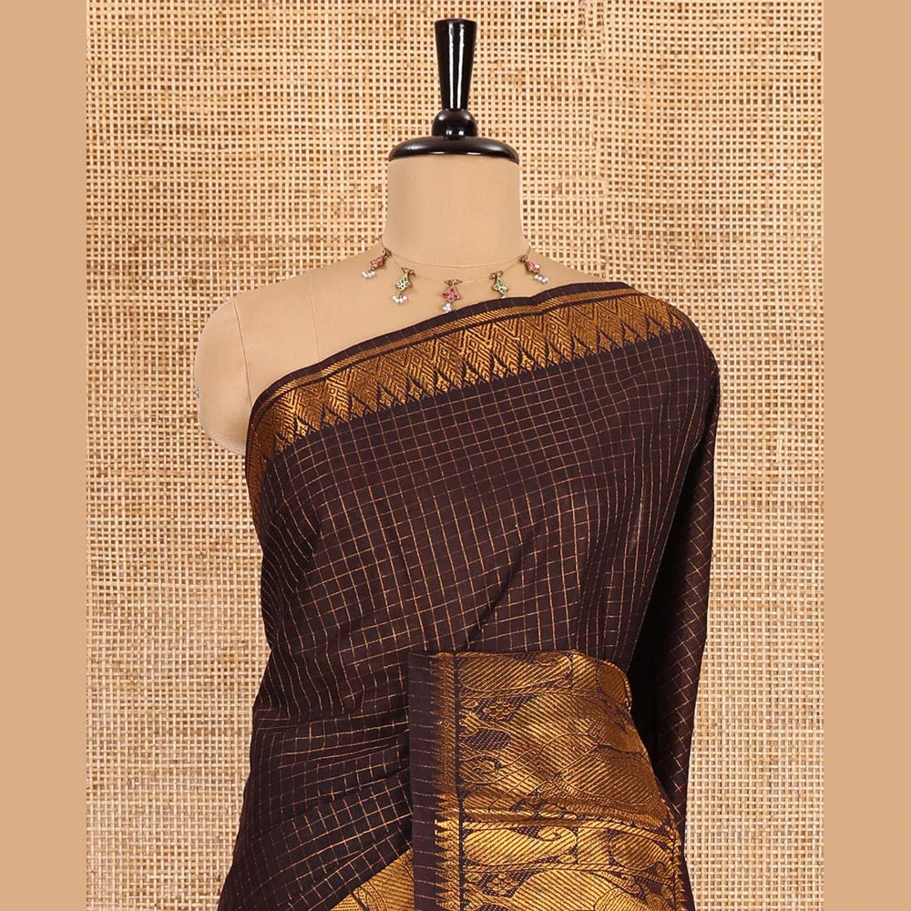 Pothys Brown zari checked sungudi cotton saree, temple traditional zari border, zari striped pallu, and a contrast veldhari design woven blouse