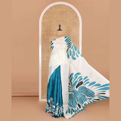 Pothys Borderless blue fancy motifs batik-printed art khadi silk saree, contrast printed pallu, and a printed blouse