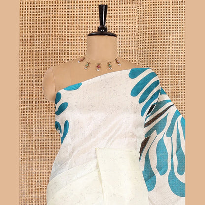 Pothys Borderless blue fancy motifs batik-printed art khadi silk saree, contrast printed pallu, and a printed blouse