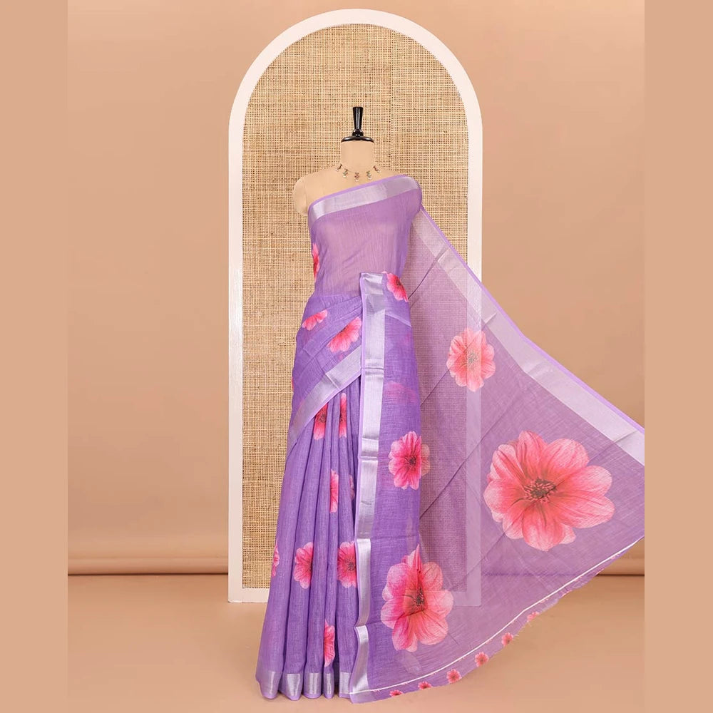 Pothys Lavender daisy floral printed linen cotton saree, silver zari bavanji border, daisy floral printed pallu, and a printed blouse