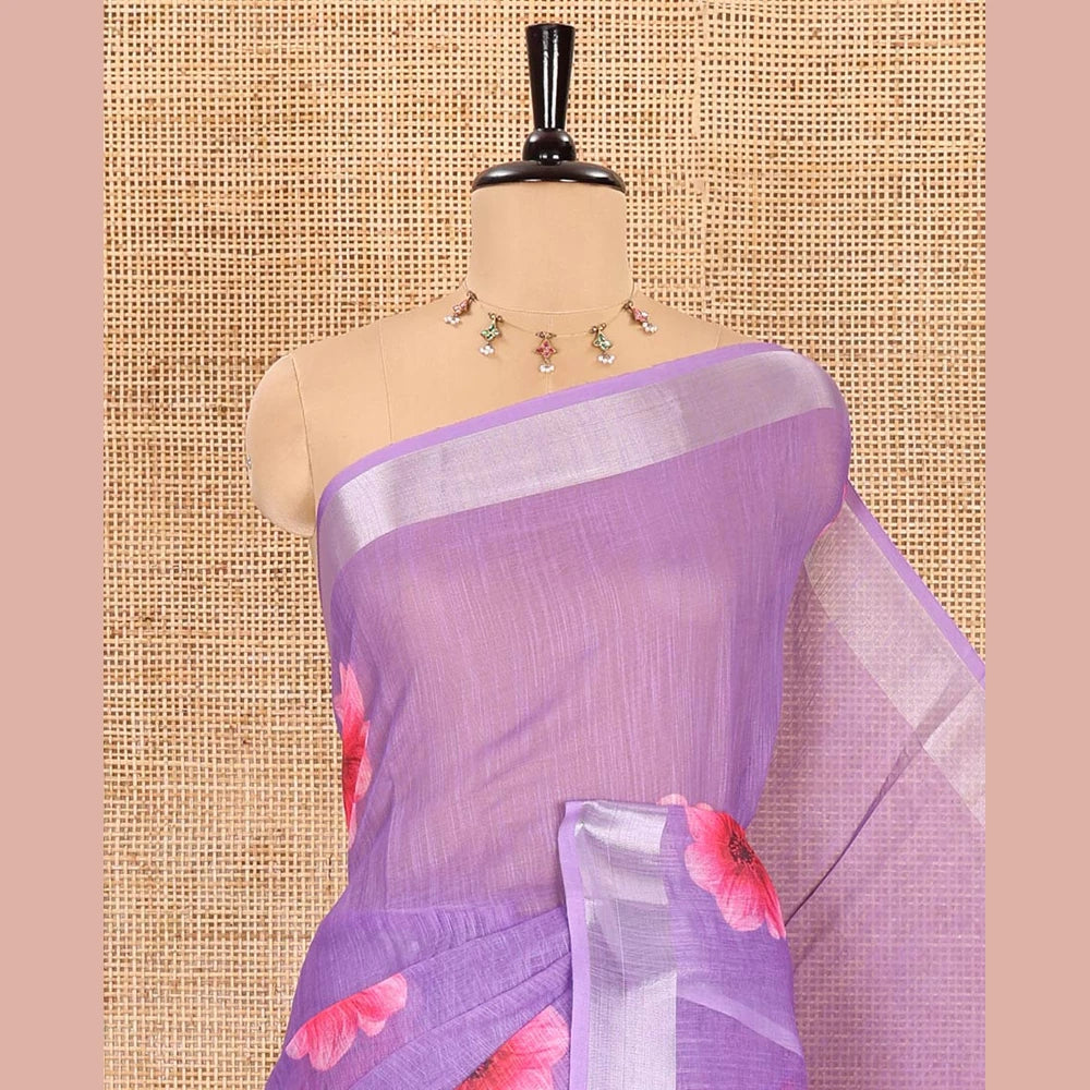 Pothys Lavender daisy floral printed linen cotton saree, silver zari bavanji border, daisy floral printed pallu, and a printed blouse
