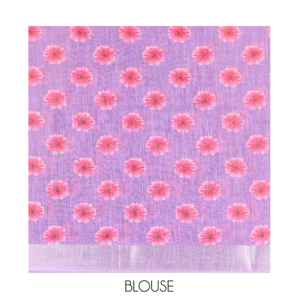 Pothys Lavender daisy floral printed linen cotton saree, silver zari bavanji border, daisy floral printed pallu, and a printed blouse