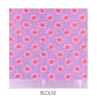 Pothys Lavender daisy floral printed linen cotton saree, silver zari bavanji border, daisy floral printed pallu, and a printed blouse