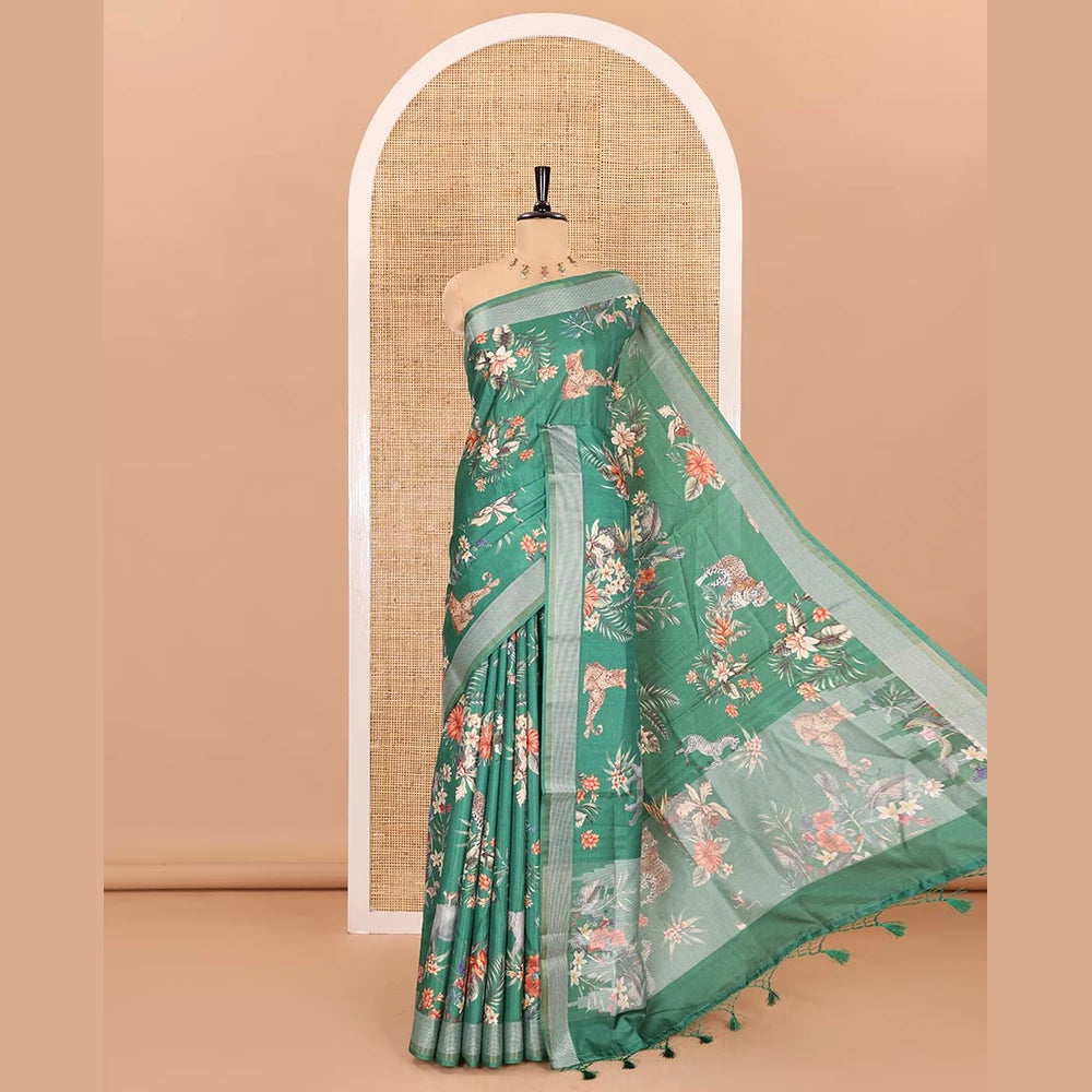 Pothys Green tropical floral and fauna motifs printed fancy tussar saree, resham border, self-pallu, and a matching blouse of print with resham thread stripes
