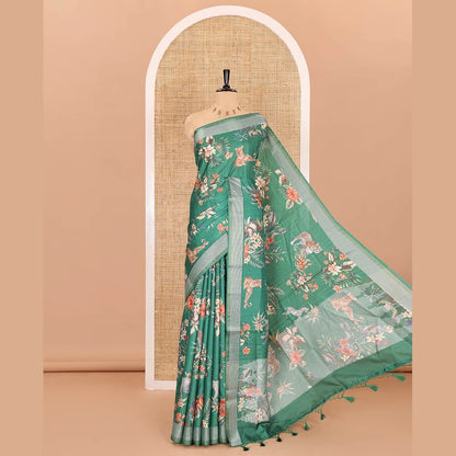 Pothys Green tropical floral and fauna motifs printed fancy tussar saree, resham border, self-pallu, and a matching blouse of print with resham thread stripes