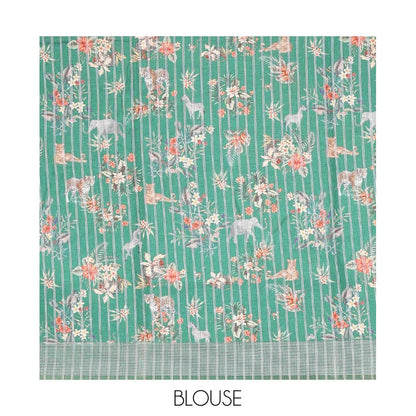Pothys Green tropical floral and fauna motifs printed fancy tussar saree, resham border, self-pallu, and a matching blouse of print with resham thread stripes
