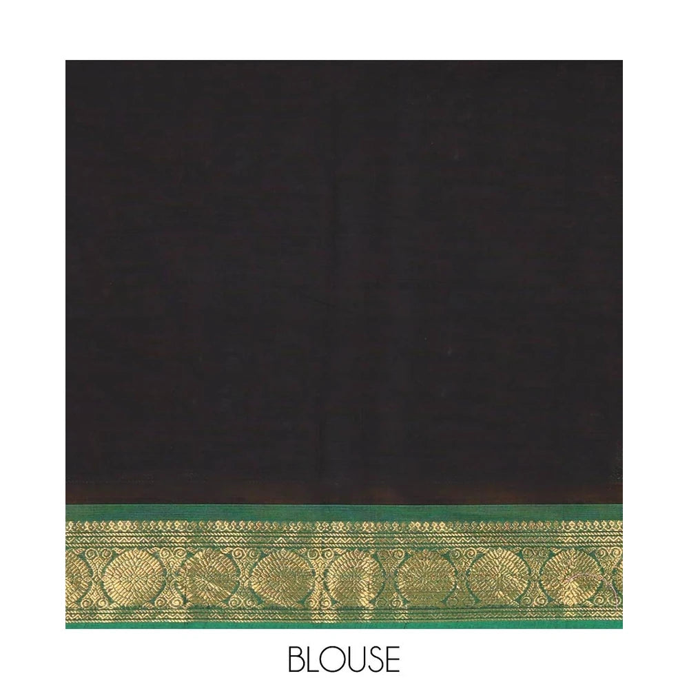Pothys Black plain Chettinad cotton saree, contrast traditional design rettai pettu border of peacock chakram, striped pallu, and a matching blouse