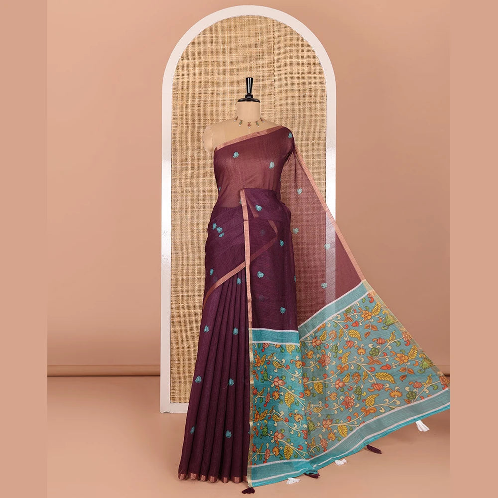 Pothys Wine lotus motifs printed linen saree, piping border, contrast floral vine printed pallu, and contrast printed blouse