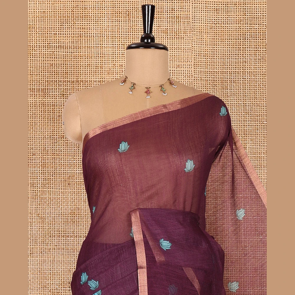 Pothys Wine lotus motifs printed linen saree, piping border, contrast floral vine printed pallu, and contrast printed blouse