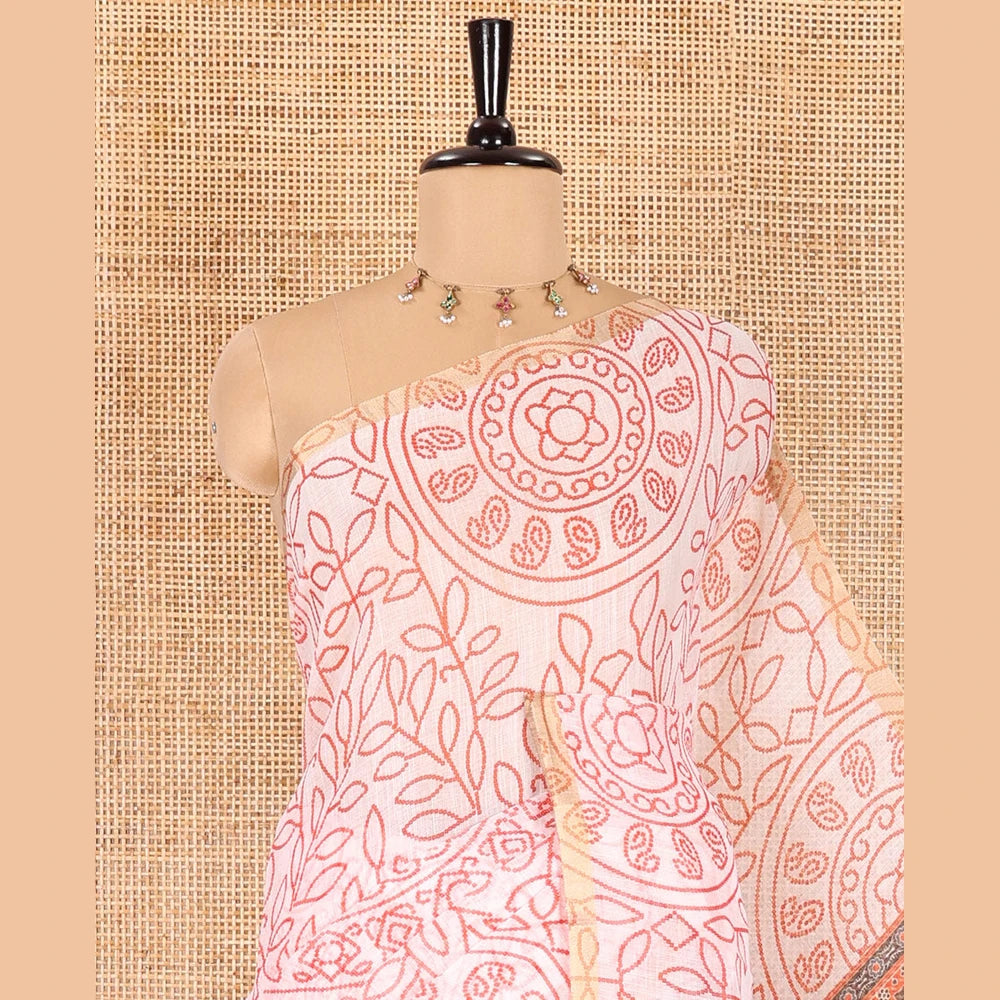 Pothys white bandhani-style floral and chakra printed saree, zari piping border, contrast ajrakh printed pallu, and contrast ajrakh printed blouse