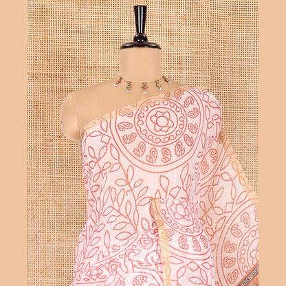 Pothys white bandhani-style floral and chakra printed saree, zari piping border, contrast ajrakh printed pallu, and contrast ajrakh printed blouse