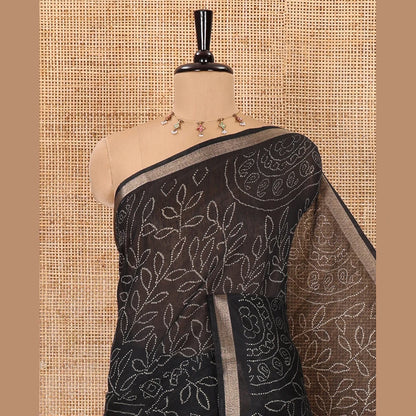 Pothys Black bandhani-style floral and chakra printed saree, zari piping border, contrast ajrakh printed pallu, and contrast ajrakh printed blouse