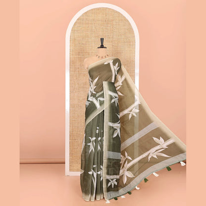 Pothys Olive green bamboo motifs printed chanderi cotton saree, contrast plain border, bamboo motifs printed pallu, and a contrast unique motifs printed blouse