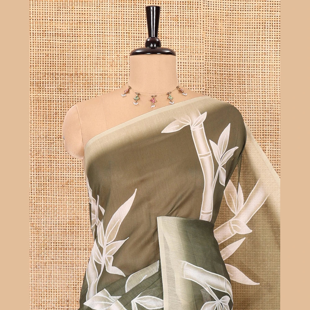 Pothys Olive green bamboo motifs printed chanderi cotton saree, contrast plain border, bamboo motifs printed pallu, and a contrast unique motifs printed blouse