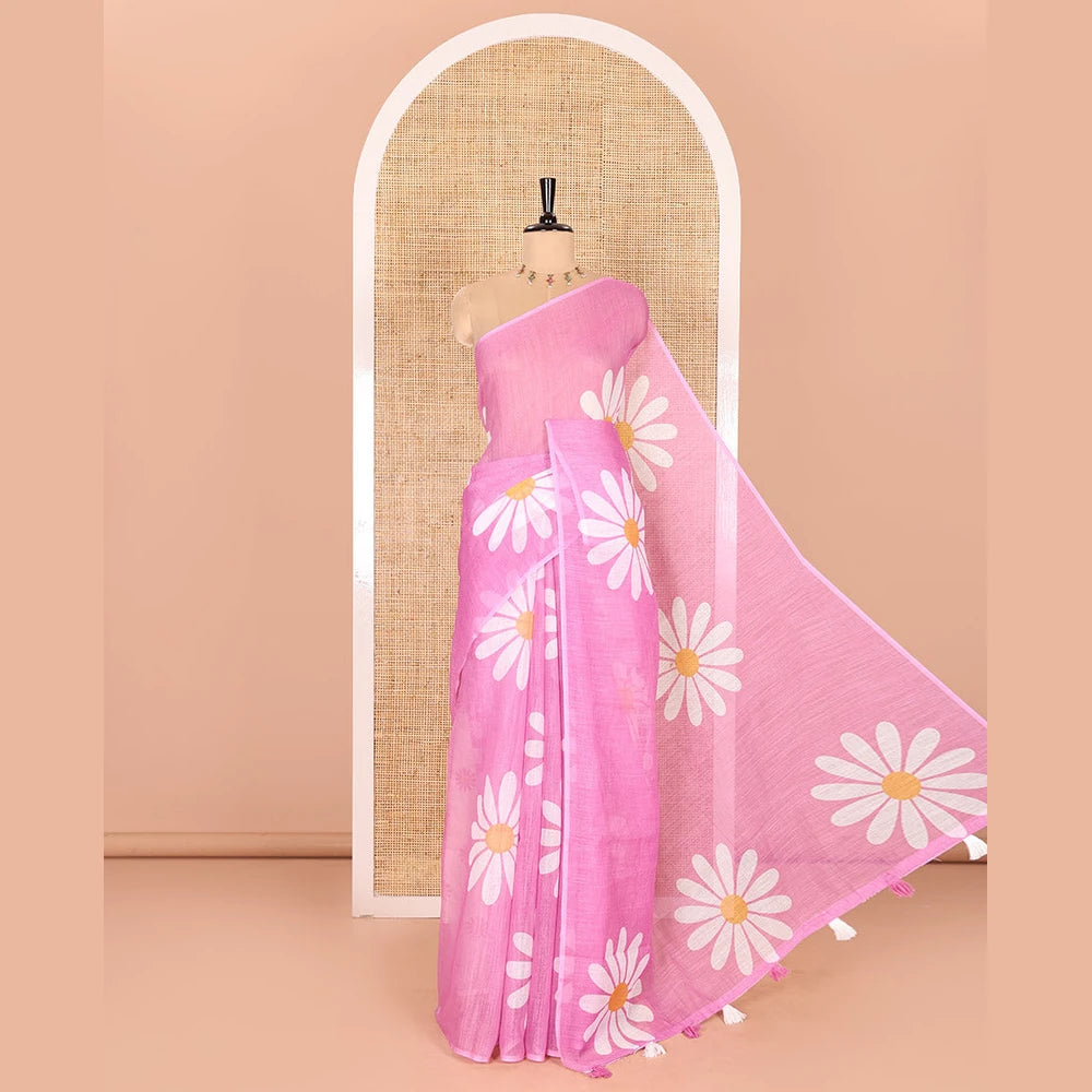 Pothys Borderless Baby Pink Linen Saree Beautified with Big Daisy Flower Motifs Printed All Over the Body and Pallu, Complemented by a Contrast Blouse Printed with Daisy Flower Motifs