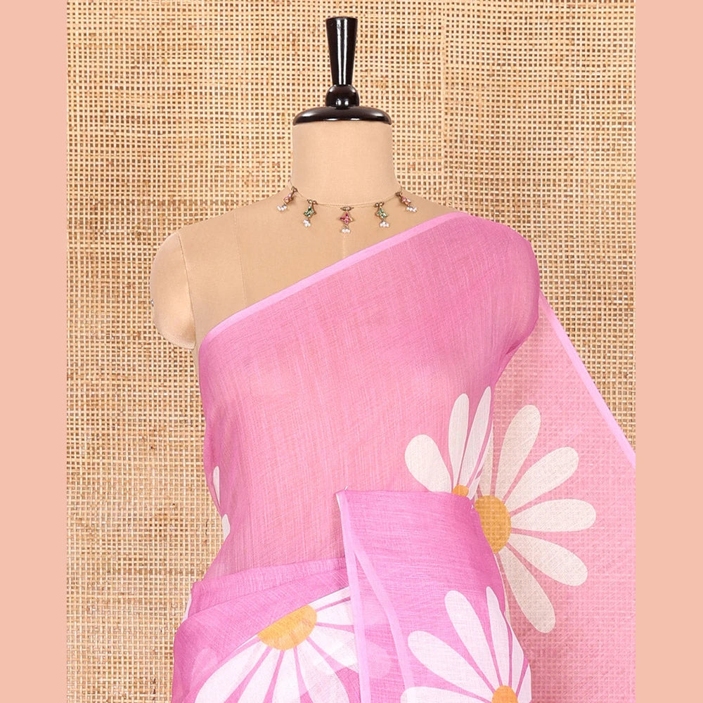 Pothys Borderless Baby Pink Linen Saree Beautified with Big Daisy Flower Motifs Printed All Over the Body and Pallu, Complemented by a Contrast Blouse Printed with Daisy Flower Motifs