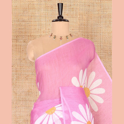 Pothys Borderless Baby Pink Linen Saree Beautified with Big Daisy Flower Motifs Printed All Over the Body and Pallu, Complemented by a Contrast Blouse Printed with Daisy Flower Motifs