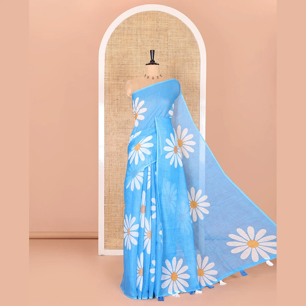 Pothys Borderless Blue Linen Saree Beautified with Big Daisy Flower Motifs Printed All Over the Body and Pallu, Complemented by a Contrast Blouse Printed with Daisy Flower Motifs