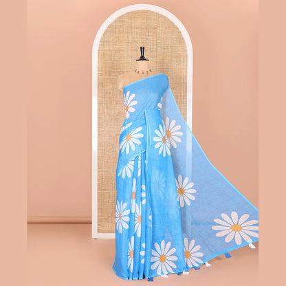 Pothys Borderless Blue Linen Saree Beautified with Big Daisy Flower Motifs Printed All Over the Body and Pallu, Complemented by a Contrast Blouse Printed with Daisy Flower Motifs