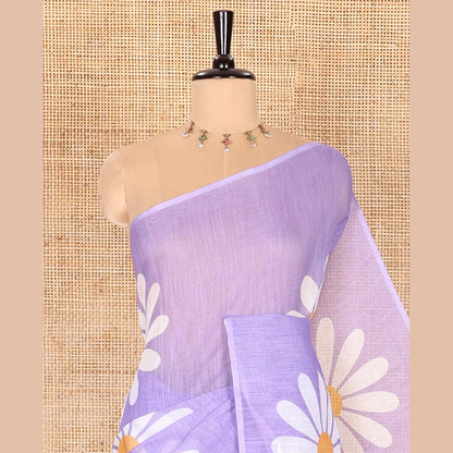 Pothys Borderless Lavender Linen Saree Beautified with Big Daisy Flower Motifs Printed All Over the Body and Pallu, Complemented by a Contrast Blouse Printed with Daisy Flower Motifs