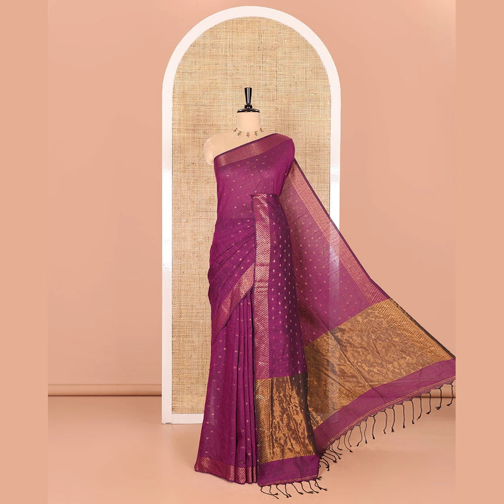 Pothys Violet Khadi Mul Cotton Saree Beautified with Plus-Shaped Zari Buttas Across Its Body, Featuring a Subtle Zari Border Adorned with Triangle Motifs, a Tissue Pallu, and Complemented by a Running Blouse