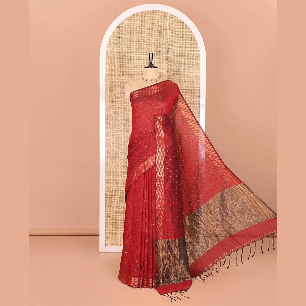 Pothys Maroon Khadi Mul Cotton Saree Beautified with Plus-Shaped Zari Buttas Across Its Body, Featuring a Subtle Zari Border Adorned with Triangle Motifs, a Tissue Pallu, and Complemented by a Running Blouse