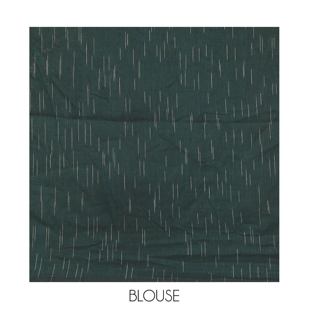 Pothys Borderless Green Khadi Mul Cotton Saree Decked with Jharna-Style Waterdrop Motifs, Featuring a Gleaming Zari-Woven Pallu, Paired with a Matching Blouse Replicating the Body Motifs