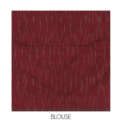 Pothys Borderless Maroon Khadi Mul Cotton Saree Decked with Jharna-Style Waterdrop Motifs, Featuring a Gleaming Zari-Woven Pallu, Paired with a Matching Blouse Replicating the Body Motifs