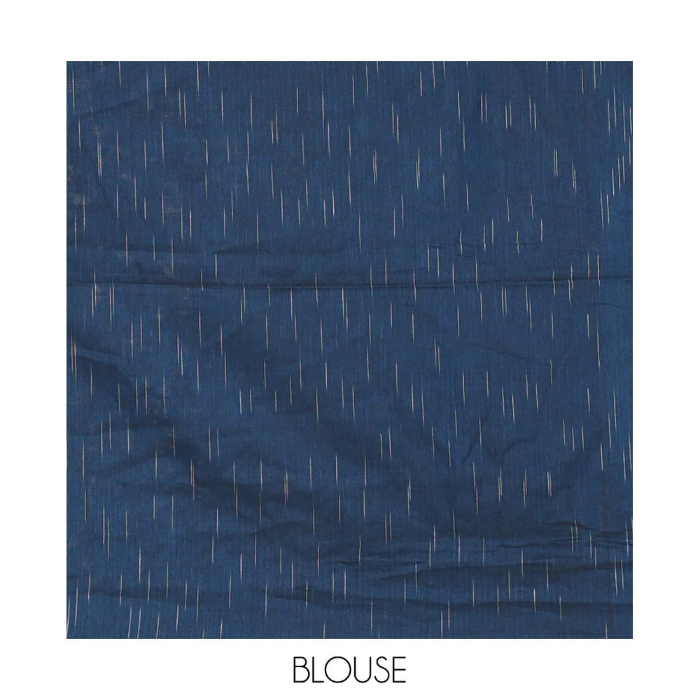 Pothys Borderless Blue Khadi Mul Cotton Saree Decked with Jharna-Style Waterdrop Motifs, Featuring a Gleaming Zari-Woven Pallu, Paired with a Matching Blouse Replicating the Body Motifs