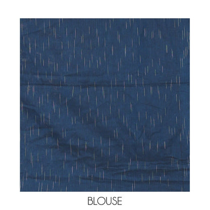 Pothys Borderless Blue Khadi Mul Cotton Saree Decked with Jharna-Style Waterdrop Motifs, Featuring a Gleaming Zari-Woven Pallu, Paired with a Matching Blouse Replicating the Body Motifs